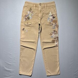 Anthropologie The Wanderer Pants Womens 28 Khaki Floral‎ Embroidered Cargo Chino